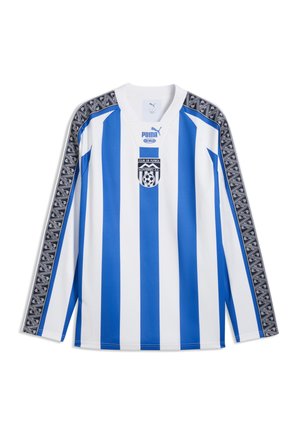 Voetbalshirt met lange mouwen met blauw-witte verticale strepen, zwarte patroonstrepen op de mouwen, Puma-logo en Monterrey AC-wapen op de borst.