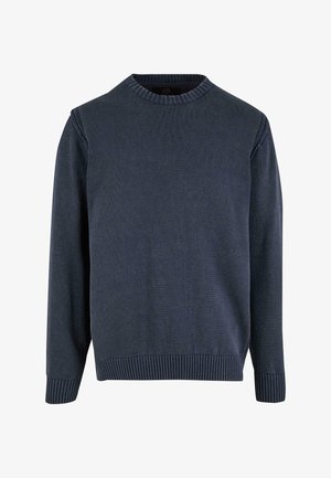 Tumedat sinine koonatud sviiter ümmarguse kaelusega, soonikute käiste ja alumise servaga, millel on tekstuuriga kangas ja pikad varrukad.