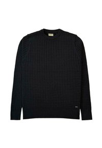 Maglione nero a maglia con un motivo a griglia testurizzato, scollatura rotonda e polsini e orlo a coste. Etichetta visibile nell'angolo inferiore sinistro.