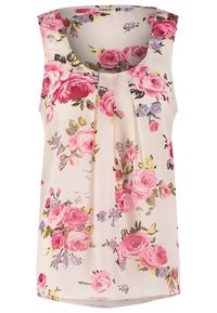 Blusa senza maniche floreale in tessuto leggero, con rose rosa e piccoli fiori blu su sfondo crema, caratterizzata da un dettaglio plissettato nella parte anteriore.