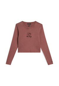 Top corto a manica lunga in tessuto a coste color malva. Presenta un design ricamato di Topolino nero sul davanti, scollo rotondo e silhouette aderente.