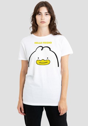 White cotton t-shirt featuring a cartoon duck face graphic with a yellow beak and black outline, and the text “HELLO FRIEND” above.