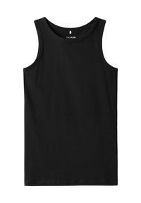 Sort ærmeløs tanktop lavet af bomuld, med en rund halsudskæring og lige snit. Glat tekstur uden synlige mønstre eller udsmykninger.