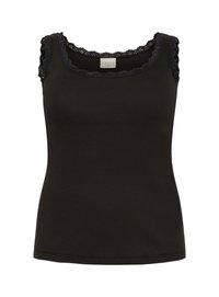 Schwarzes, geripptes Tanktop mit gewellter Spitzenverzierung am Hals- und Armloch. Hergestellt aus einem weichen, dehnbaren Stoff für zusätzlichen Komfort.