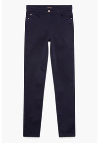 Jeans skinny de mezcla de algodón azul marino con cinco bolsillos, costuras sutiles y acentos metálicos en la parte delantera. Cierre de botón en la cintura.