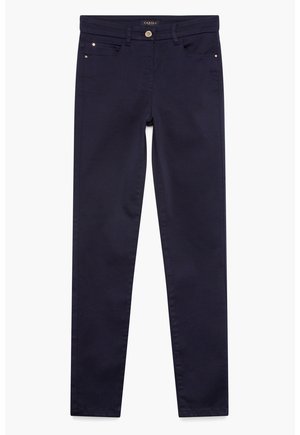 Navyblauwe katoenmix skinny jeans met vijf zakken, subtiele stiksels en metallic accenten aan de voorkant. Knopen sluiting in de taille.