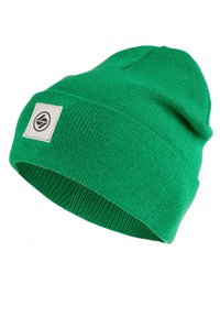 Green knitted beanie hat with a ribbed texture, featuring a white rectangular patch with a circular logo on the side.