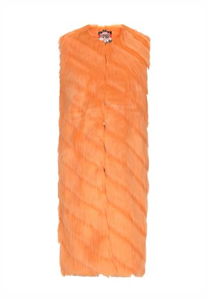 Vesta din blană faux portocalie, cu un design fără guler, având un model texturat și ondulat, și închidere cu butoane pe față. Ușoară și făr�ă mâneci.