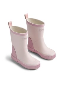 Roze rubberen regenlaarzen voor kinderen met geribbelde zolen en hielgrepen, aantreklusjes aan de achterkant en een zachte voering aan de binnenkant.