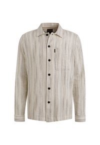 Chemise boutonnée légère à rayures en beige et blanc cassé, dotée de boutons foncés et d'une poche poitrine avec une texture subtile.