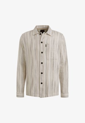 Helles, gestreiftes Hemd in Beige und Off-White mit dunklen Knöpfen und einer Brusttasche mit feiner Textur.
