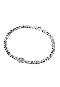 Sidabrinė grandinėlė apyrankė, turinti tarpusavyje susijungusias jungtis, krabų užsegimą ir centrinį dekoratyvinį žavesį su apskritu raižiniu.