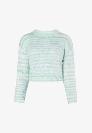 Weicher, gestrickter, taillierter Pullover mit langen Ärmeln, Rundhalsausschnitt und einem Mix aus pastellgrünen, blauen und weißen horizontalen Streifen.