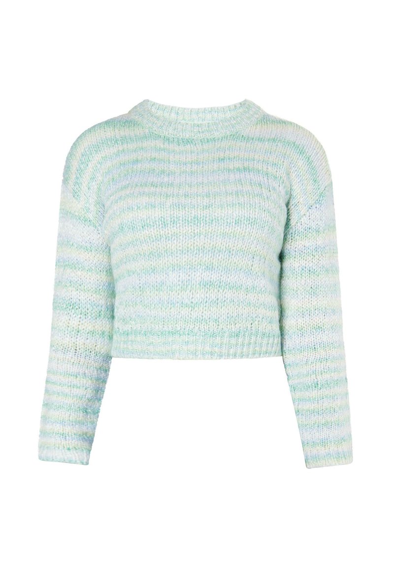 Weicher, gestrickter, taillierter Pullover mit langen Ärmeln, Rundhalsausschnitt und einem Mix aus pastellgrünen, blauen und weißen horizontalen Streifen.