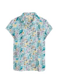 Chemise à manches courtes avec col, en tissu léger. Présente un motif floral abstrait multicolore avec des accents turquoise, jaune et noir.