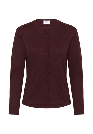 Burgundna dolg rokav cardigan, izdelan iz mehkega pletenega materiala, z okroglo izrezom, polnim gumbom spredaj in rahlo ukrivljenim robom.