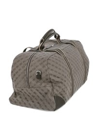 Grå mønstret duffelbag med dobbelte top-håndtag, lynlås-lukning og mørke læderdetaljer på bunden og siderne. Har et geometrisk design.
