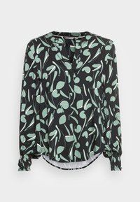 Blusa nera con un motivo astratto di foglie e forme in verde chiaro, scollatura a V, maniche lunghe e polsini arricciati.