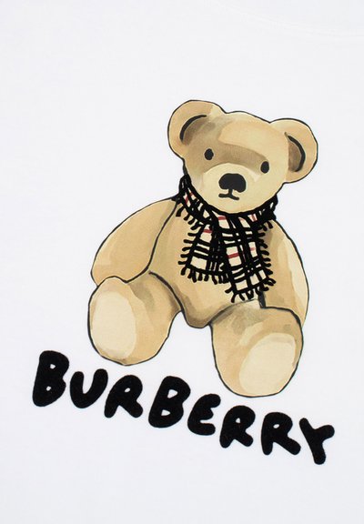 Illustrazione di un orsetto marrone con una sciarpa a scacchi nera e beige, posizionato su uno sfondo bianco con la scritta "BURBERRY" sottostante.