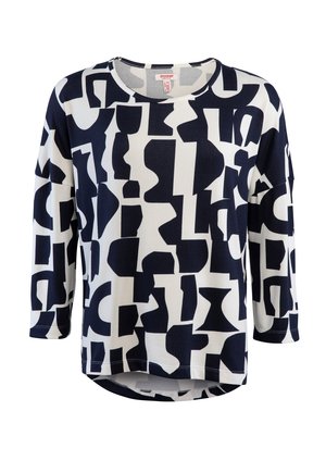 Langärmliges Oberteil in Marineblau und Creme mit einem abstrakten geometrischen Muster. Weicher Stoff mit abgerundetem Saum und Rundhalsausschnitt.