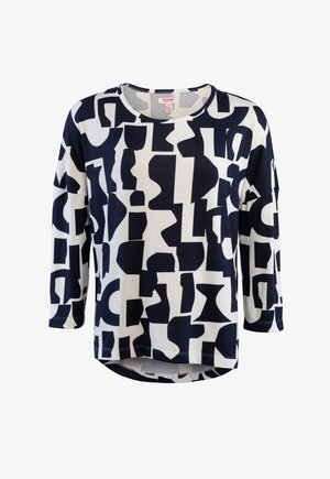 Langärmliges Oberteil in Marineblau und Creme mit einem abstrakten geometrischen Muster. Weicher Stoff mit abgerundetem Saum und Rundhalsausschnitt.