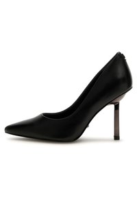 Décolleté nera in pelle con tacco alto, punta affusolata, design elegante e tacco metallicamente sottile. Superficie liscia senza motivi o decorazioni visibili.