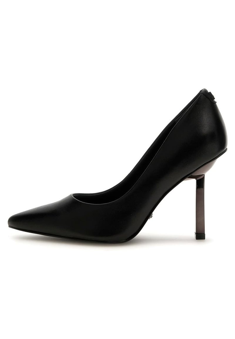 Décolleté nera in pelle con tacco alto, punta affusolata, design elegante e tacco metallicamente sottile. Superficie liscia senza motivi o decorazioni visibili.