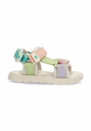 Sandalias infantiles con suela beige, múltiples correas ajustables en turquesa, rosa, púrpura y verde. Fabricadas con un tejido duradero.