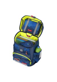 Blue and neon-green backpack with a geometric pattern, multiple compartments, padded straps, and plastic water bottle holder on the side.
