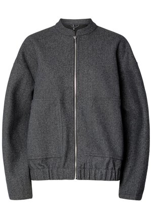Siva vunena bomber jakna s okruglim ovratnikom, prednjim zatvaranjem na patentni zatvarač, dva bočna džepa i elastičnim pojasom i manžetama.