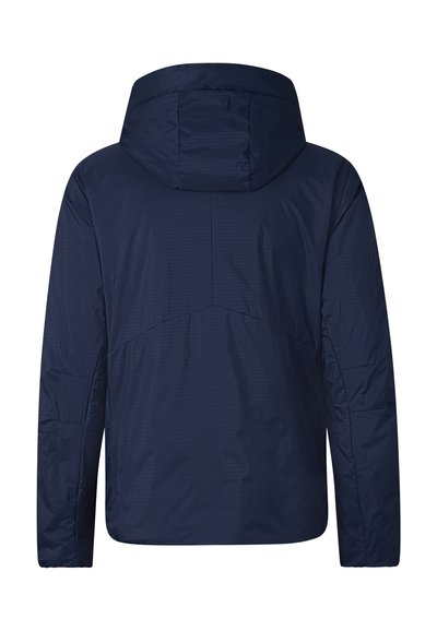 Navy blue hooded jacket with long sleeves, visible seam details, and a slightly textured fabric shown from the back.