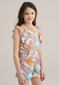 Mono de manga corta con estampado de pájaros multicolores, hombros volados y cinturilla elástica para un ajuste cómodo.