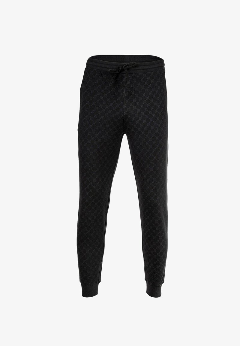 Zwarte sweatpants hebben een getextureerd patroon, een elastische tailleband met trekkoord en fitted manchetten, gemaakt van zachte, comfortabele stof.