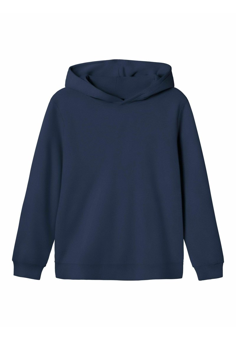 Sweatshirt bleu marine avec capuche, manches longues et poignets côtelés. Fabriqué à partir d'un tissu doux, avec une texture lisse et sans motifs visibles.