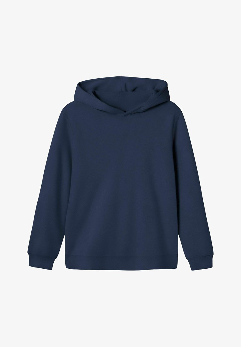 Marineblaue Sweatjacke mit Kapuze, langen Ärmeln und gerippten Bündchen. Hergestellt aus weichem Stoff, mit glatter Textur und ohne sichtbare Muster.