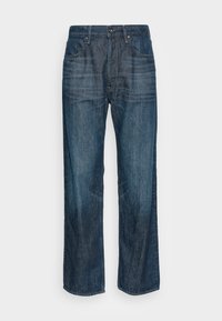 Blå denimjeans med rak ben-design, femficksmodell, metallknappsförslutning och subtila blekningsmönster.