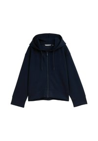 Haut à capuche zippé bleu marine, doté d'une capuche avec cordon de serrage, d'une texture côtelée et d'une coupe décontractée. Branding minimal sur la poitrine.