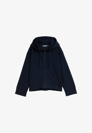 Haut à capuche zippé bleu marine, doté d'une capuche avec cordon de serrage, d'une texture côtelée et d'une coupe décontractée. Branding minimal sur la poitrine.