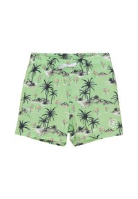 Gröna badshorts med mönster av flamingos och palmträd. Elastisk midja med snörning, och en vit logotyp nederst till höger.