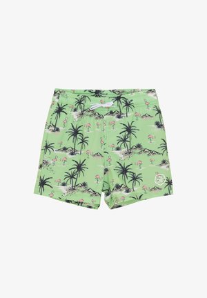 Gröna badshorts med mönster av flamingos och palmträd. Elastisk midja med snörning, och en vit logotyp nederst till höger.