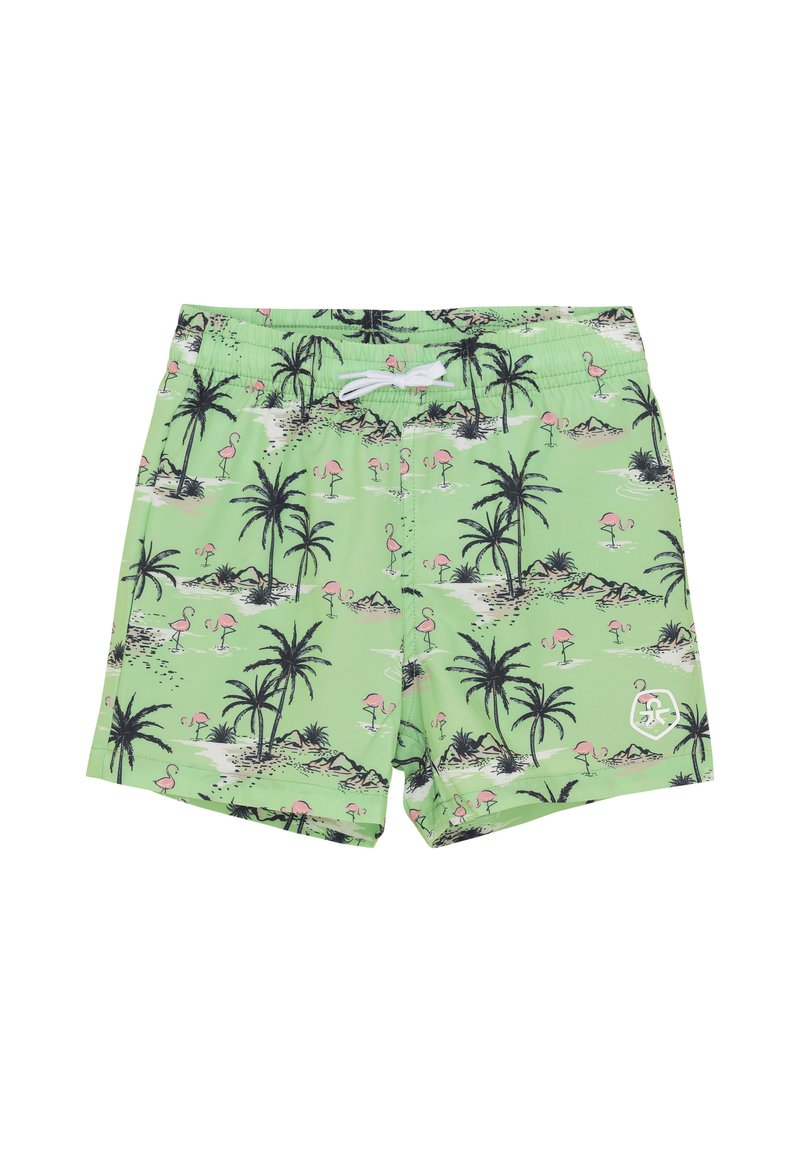 Gröna badshorts med mönster av flamingos och palmträd. Elastisk midja med snörning, och en vit logotyp nederst till höger.