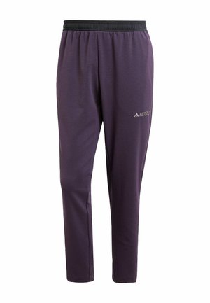 Purple athletic pants featuring a black elastic waistband and a small logo on the side, made from a smooth, lightweight fabric.