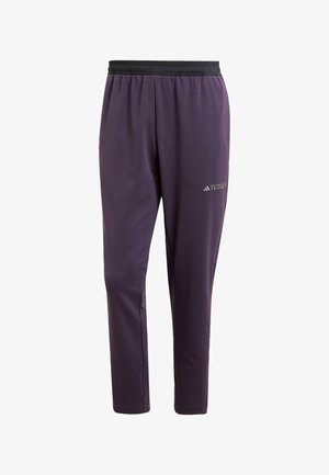 Purple athletic pants featuring a black elastic waistband and a small logo on the side, made from a smooth, lightweight fabric.