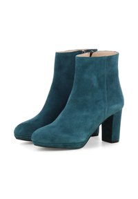 Türkise Wildleder-Stiefeletten mit Blockabsätzen, runden Zehen und seitlichen Reißverschlüssen, auf einem weißen Hintergrund präsentiert.