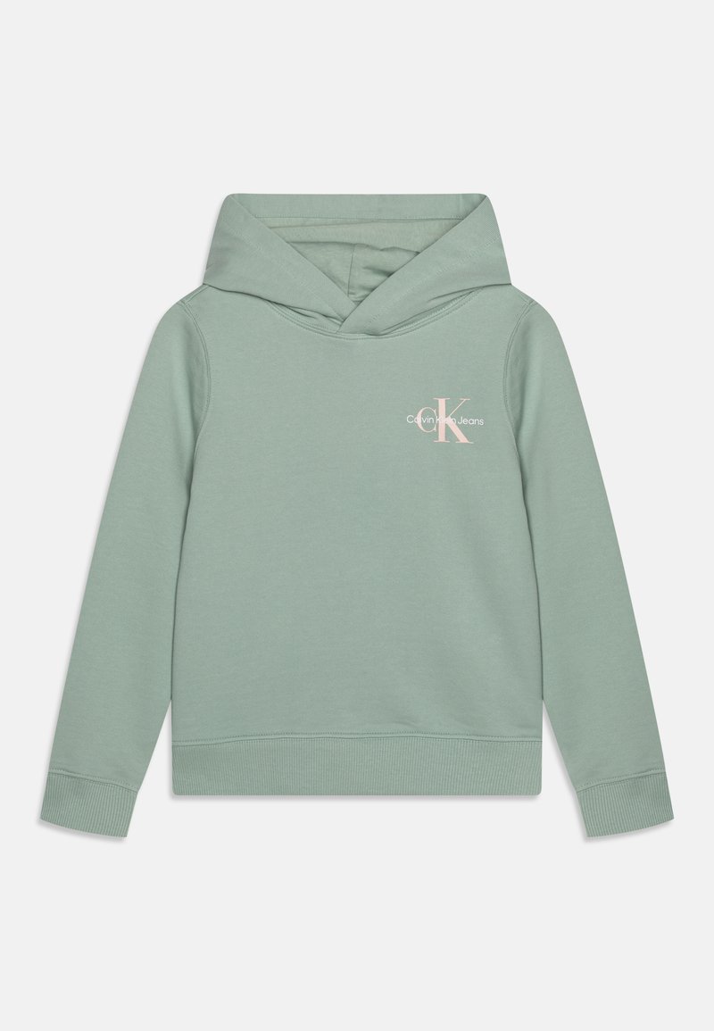 Sudadera de Calvin Klein Jeans en verde claro con mangas largas, capucha y pequeño logo blanco-rosado en el lado izquierdo del pecho.