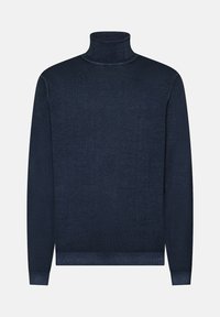 Maglione a collo alto blu navy realizzato in un tessuto a maglia liscia, con maniche lunghe, colletto aderente e un design semplice senza fantasie.