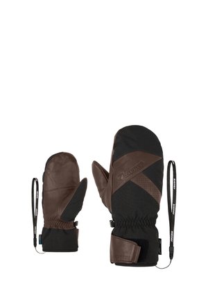 Braune Leder- und schwarze Stoffhandschuhe mit elastischen Bündchen, strukturierten Akzenten und Handgelenkriemen für sicheren Halt. Geeignet für die Verwendung bei kaltem Wetter.