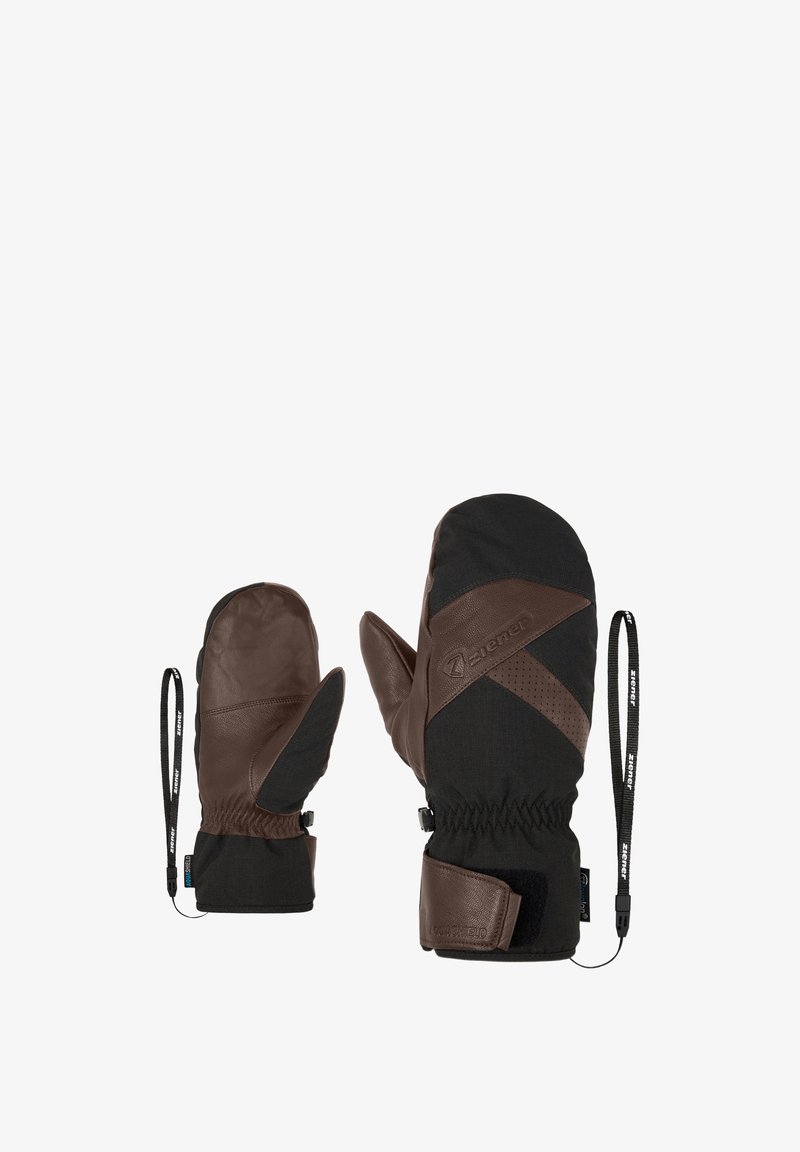 Brown leather and black fabric mittens with elastic cuffs, textured accents, and wrist straps for secure wear. Suitable for cold weather use.