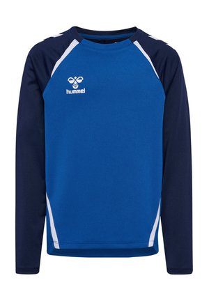 Blå langærmet sports T-shirt med marineblå ærmer. Har hvide detaljer og et logo på brystet. Fremstillet af åndbart, tekstureret stof.
