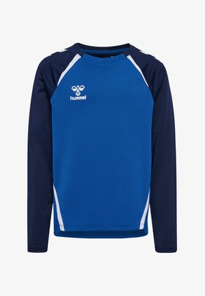 Blauw sportshirt met lange mouwen en marineblauwe mouwen. Heeft witte accenten en een logo op de borst. Gemaakt van ademende, gestructureerde stof.